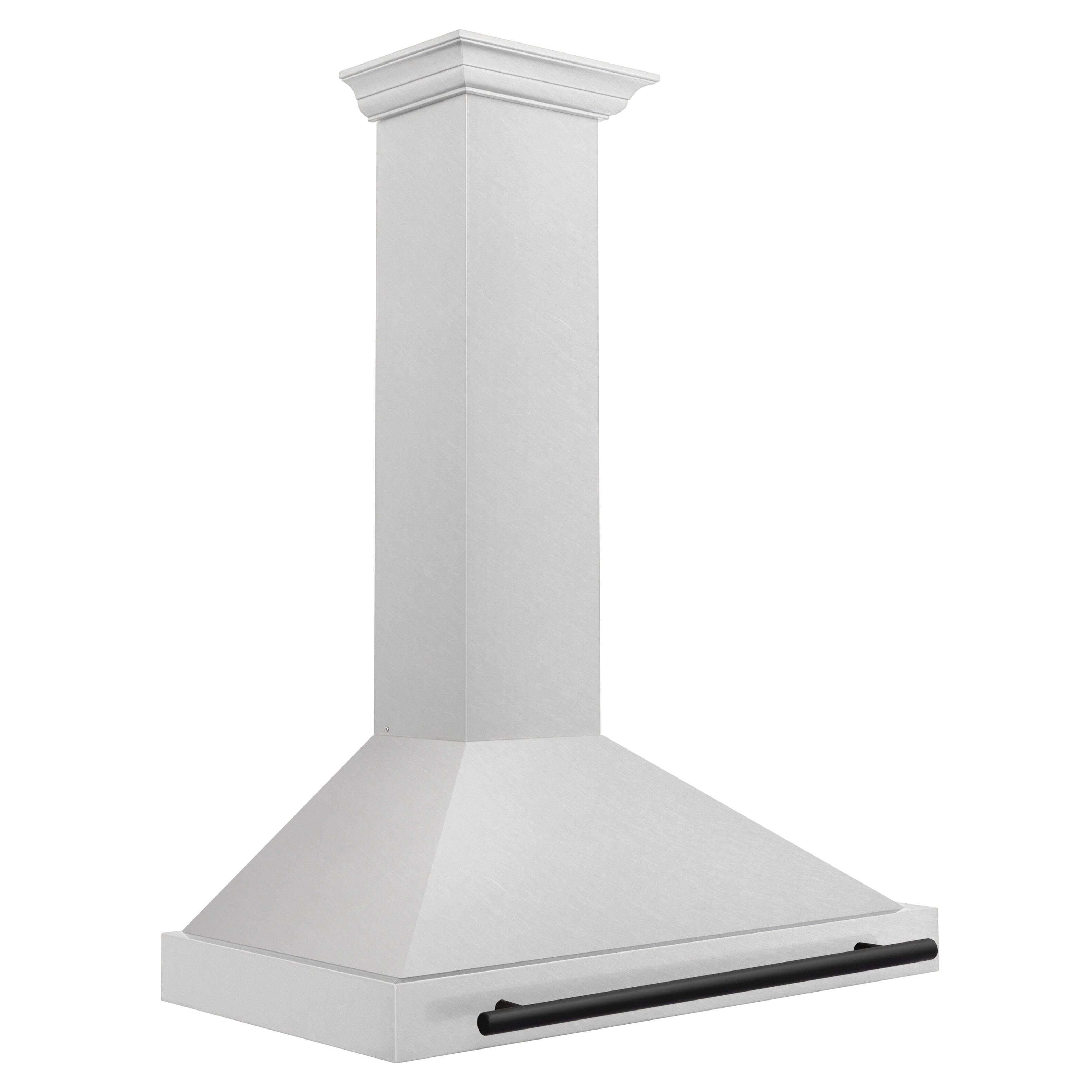Angle. ZLINE - ZLINE Autograph Edition 36 in. Convertible Satin Stainless Steel Wall Mount Range Hood with Matte Black Handle - Stainless steel.