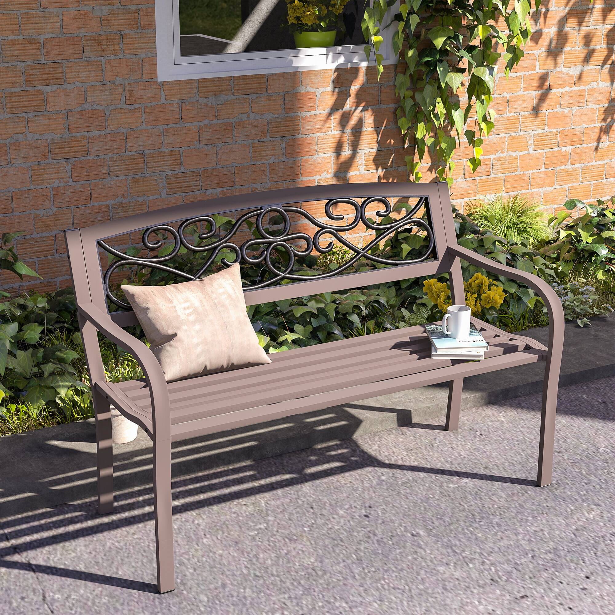 Alt View 1. Outsunny - 50" Outdoor Bench, Metal Garden Bench with Floral Pattern Backrest, Porch Bench with Slatted Seat for Park, Yard, Lawn - Brown.
