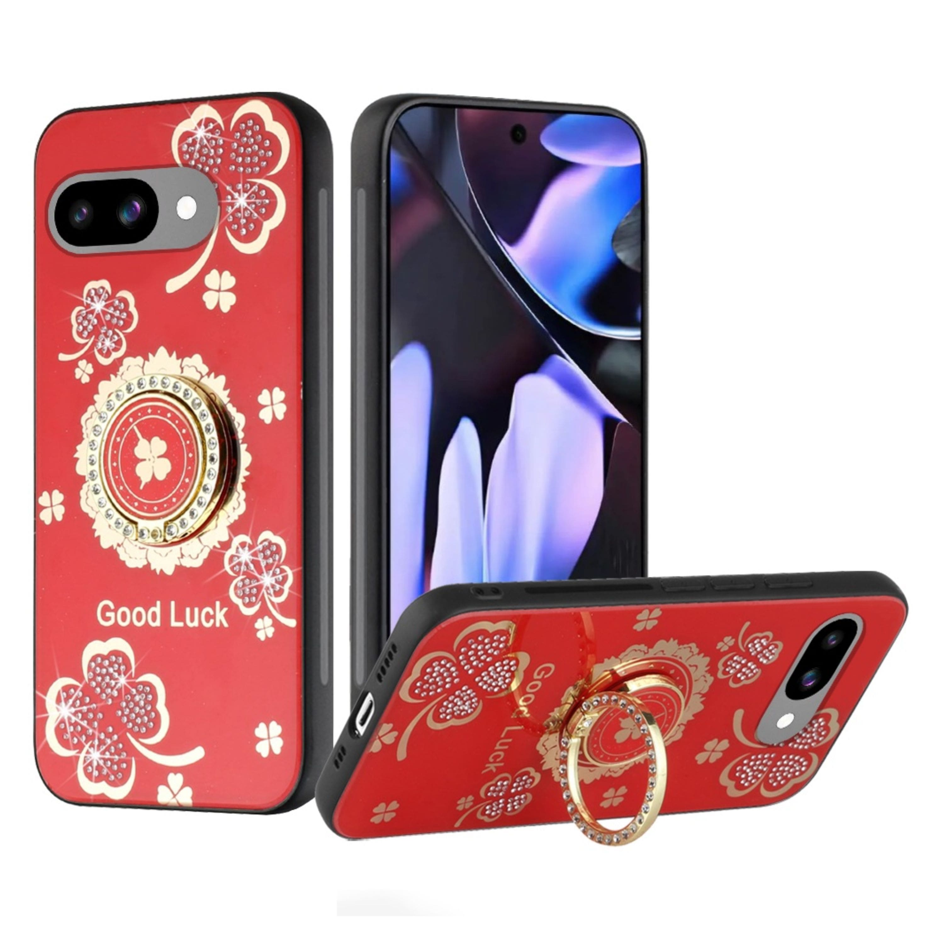 Kitcheniva - Good Luck Floral Rhinestone Bling Glitter Design Phone Case With Tempered Glass For Google Pixel 9a - Red price history on PriceWatchPro