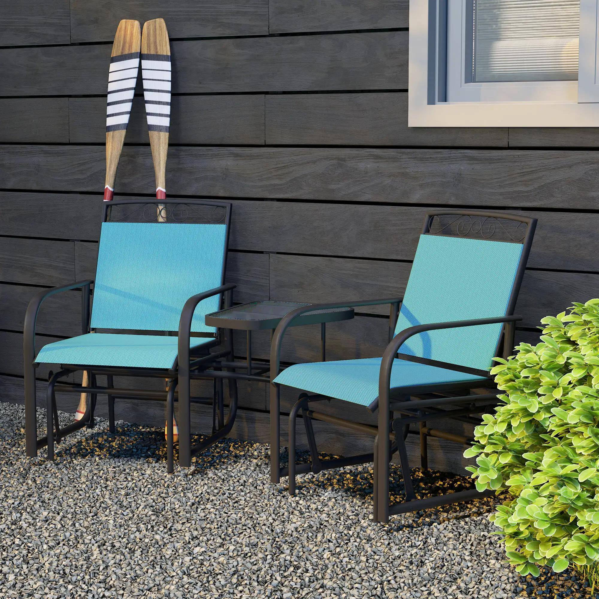 Back. Resenkos - Resenkos Patio Swing Set with Coffee Table, 2-Seat Rocking Chairs, Breathable Sling, Perfect for Outdoor Relaxation,Blue - Blue.