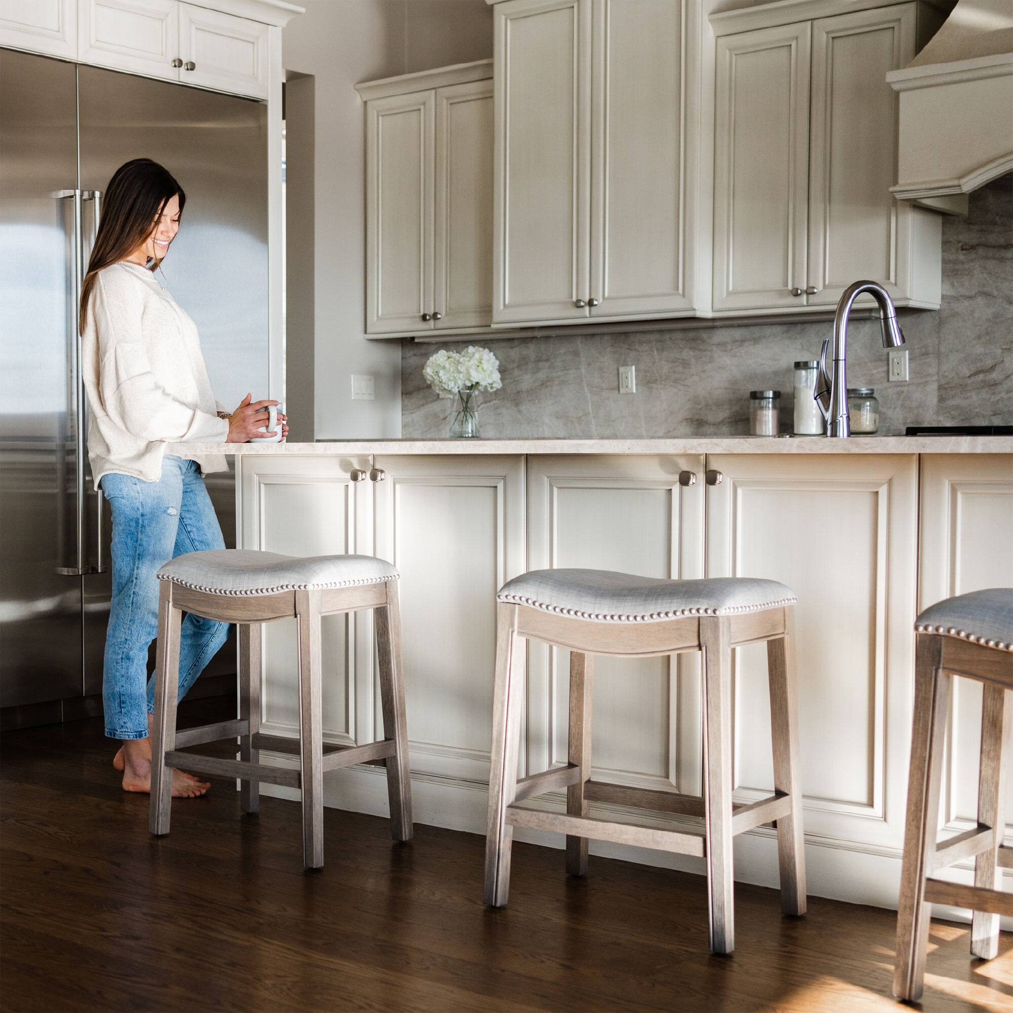 Alt View 10. Maven Lane - Maven Lane Adrien Saddle Counter Stool in Reclaimed Oak Finish with Ash Grey Fabric Upholstery, Set of 2 - Reclaimed Oak.