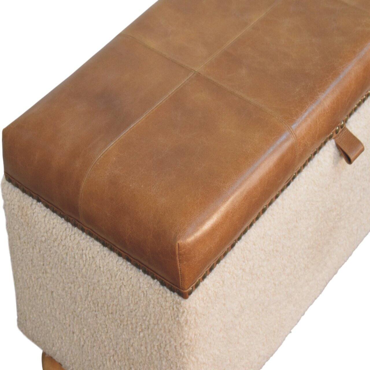 Alt View 1. Artisan Furniture - Artisan Furniture Solid Wood Boucle Lid- up Storage Ottoman, Upholstered, Boucle Fabric, Leather, Cream & Brown - Brown & Cream.