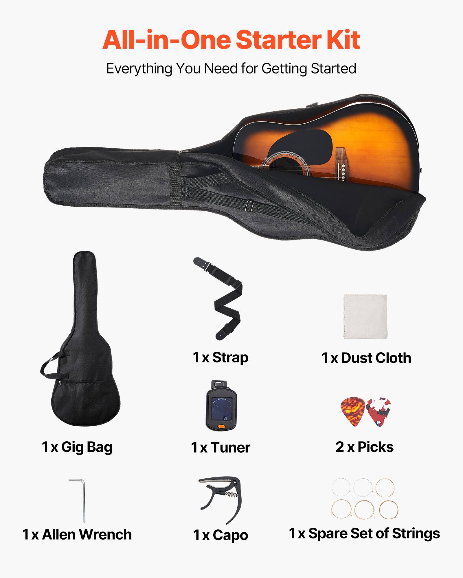 All-in-One Starter Kit  
Everything You Need for Getting Started  

1 x Gig Bag  
1 x Strap  
1 x Dust Cloth  
1 x Tuner  
2 x Picks  
1 x Allen Wrench  
1 x Capo  
1 x Spare Set of Strings