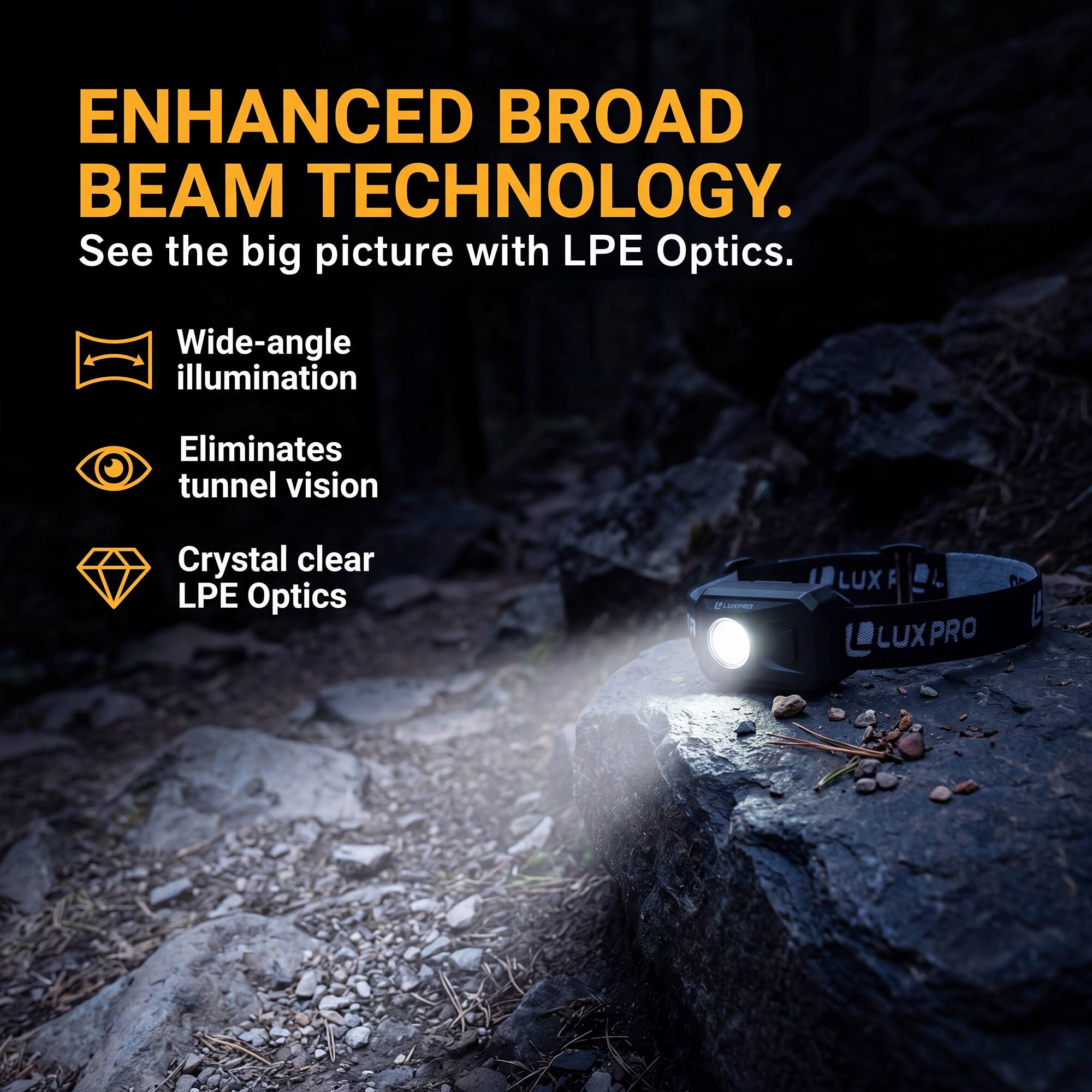 ENHANCED BROAD BEAM TECHNOLOGY.  
See the big picture with LPE Optics.  
Wide-angle illumination  
Eliminates tunnel vision  
Crystal clear LPE Optics  

Cusrer LUX F  
LUXPRO