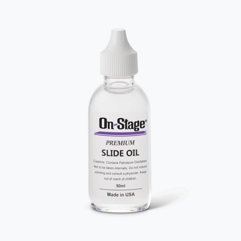On-Stage PREMIUM SLIDE OIL  
Cautions: Contains Petroleum Distillates  
Not to be taken internally. Do not induce vomiting and consult a physician. Keep out of reach of children.  
50ml  
Made in USA