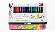 Creative Collection
60 ct
Fashion, Glitter, Neon Pastel & Metallic Colors
doodlerz Gel Stick
Standard Ink Pens - 1.0mm Vibrant Dye Ink
Glitter, Neon, Pastel & Metallic Ink Pens - 1.0mm Vibrant Dye Ink
ZEBRA