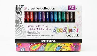 Creative Collection
60 ct
Fashion, Glitter, Neon Pastel & Metallic Colors
doodlerz Gel Stick
Standard Ink Pens - 1.0mm Vibrant Dye Ink
Glitter, Neon, Pastel & Metallic Ink Pens - 1.0mm Vibrant Dye Ink
ZEBRA