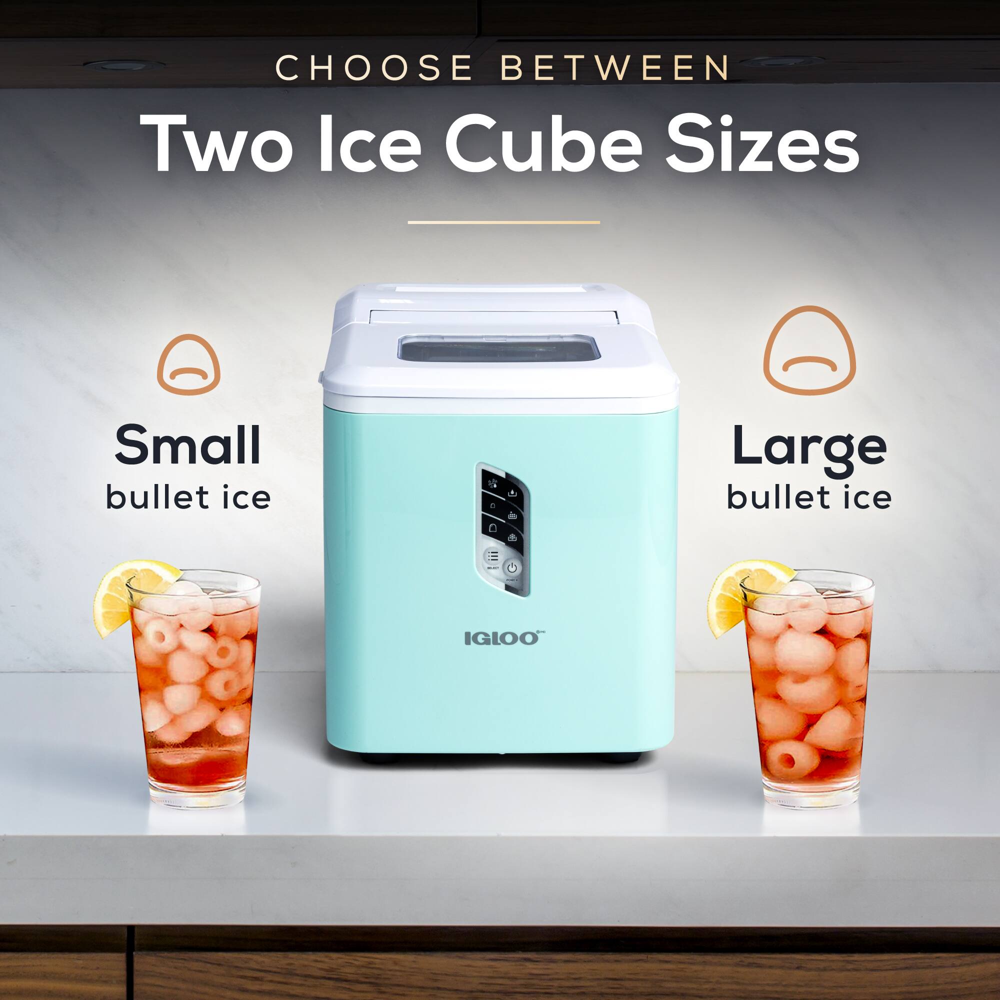 CHOOSE BETWEEN  
Two Ice Cube Sizes

Small bullet ice  
Large bullet ice

IGLOO