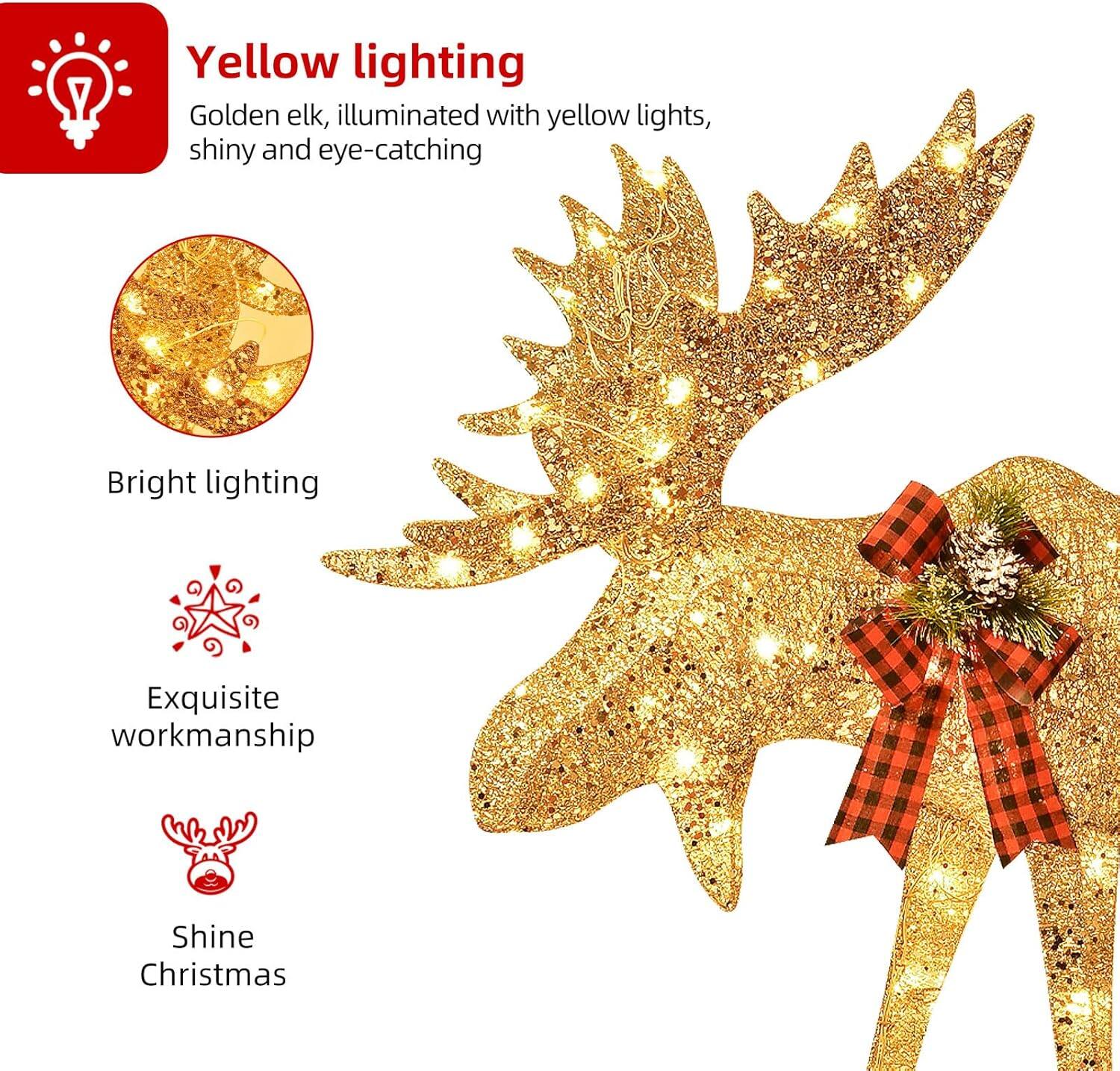 Yellow lighting  
Golden elk, illuminated with yellow lights, shiny and eye-catching  

Bright lighting  

Exquisite workmanship  

Shine Christmas