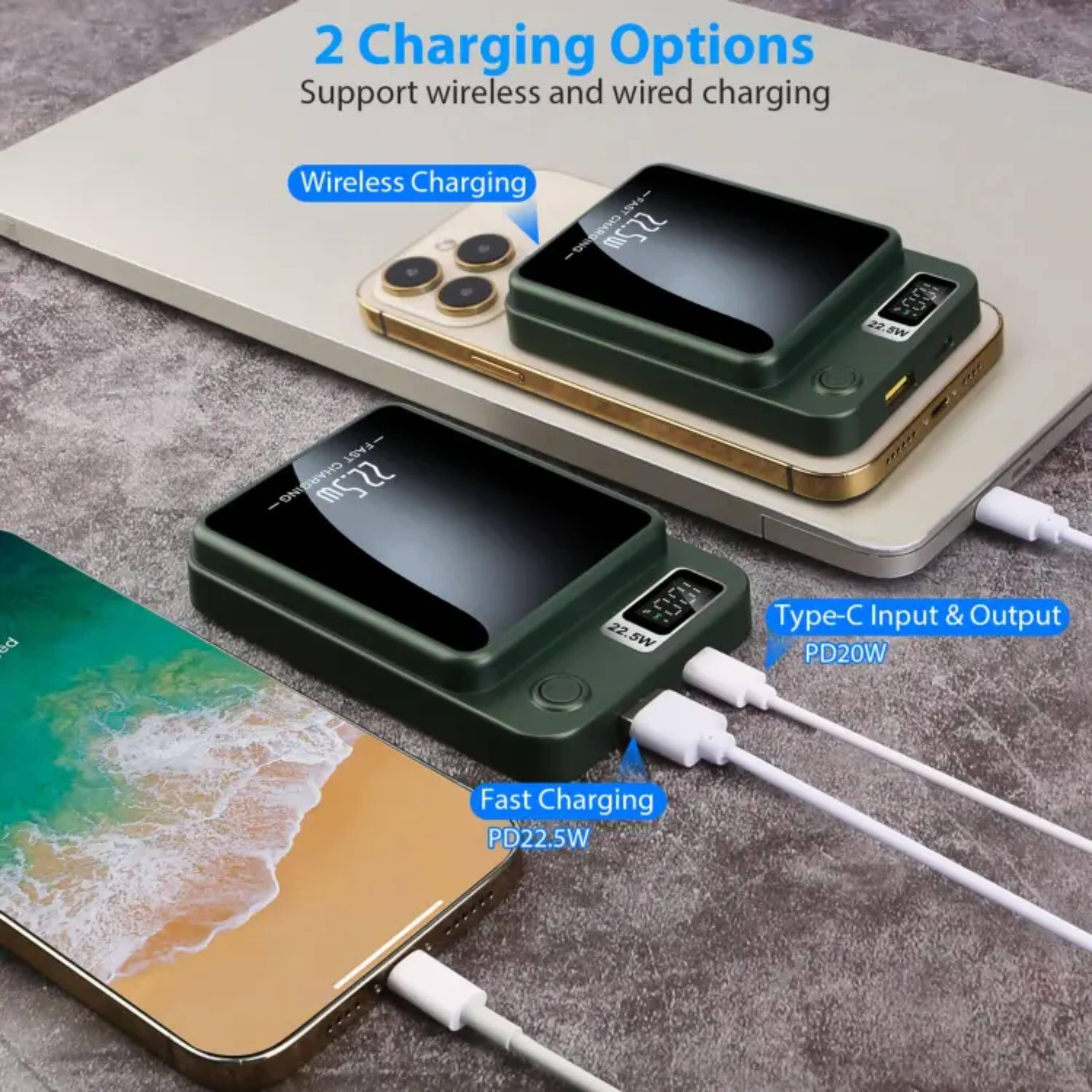 2 Charging Options  
Support wireless and wired charging  

Wireless Charging  

Type-C Input & Output  
PD20W  

Fast Charging  
PD22.5W