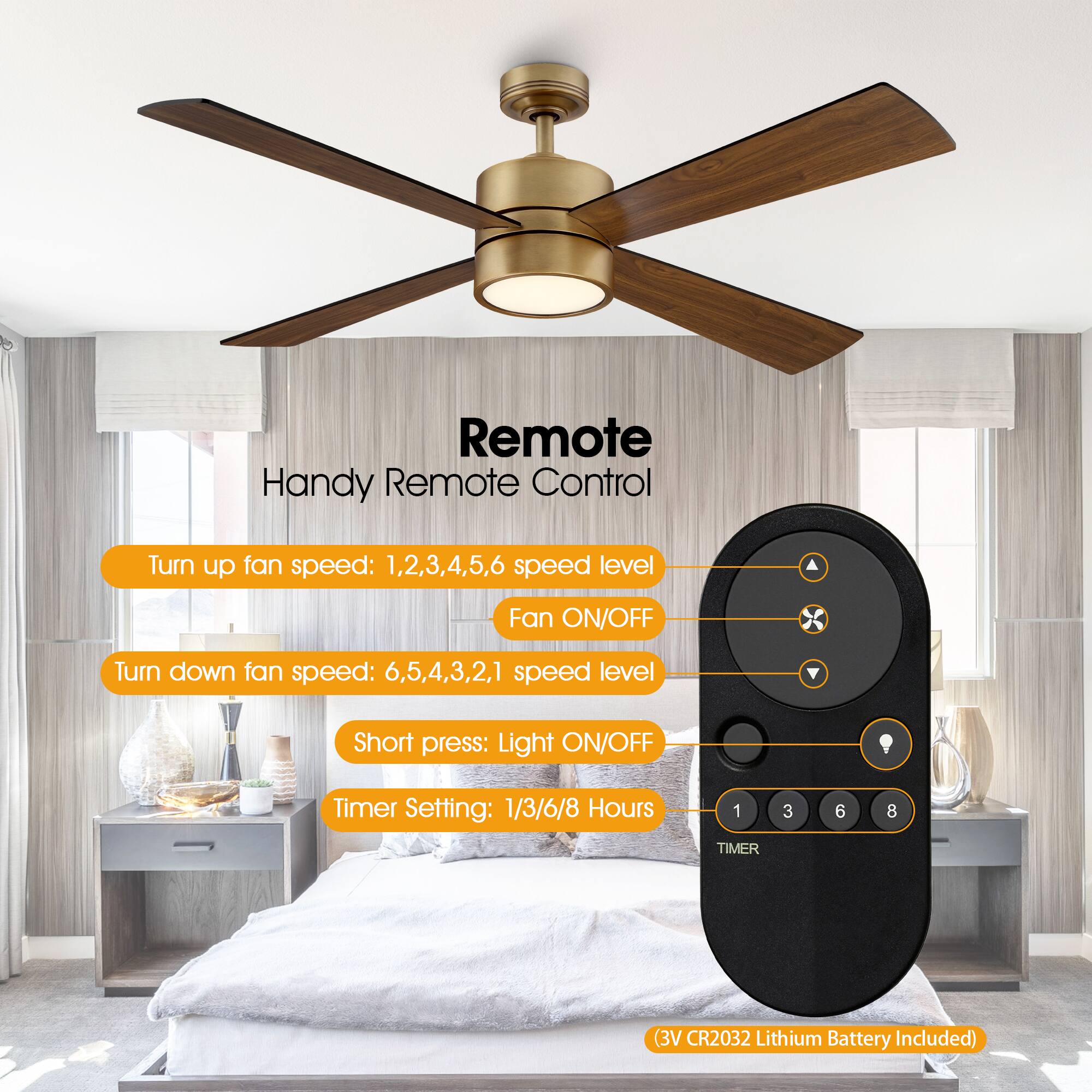 Remote Control

Handy Remote Control

- Turn up fan speed: 1, 2, 3, 4, 5, 6 speed level
- Fan ON/OFF
- Turn down fan speed: 6, 5, 4, 3, 2, 1 speed level
- Short press: Light ON/OFF
- Timer Setting: 1/3/6/8 Hours

(3V CR2032 Lithium Battery Included)