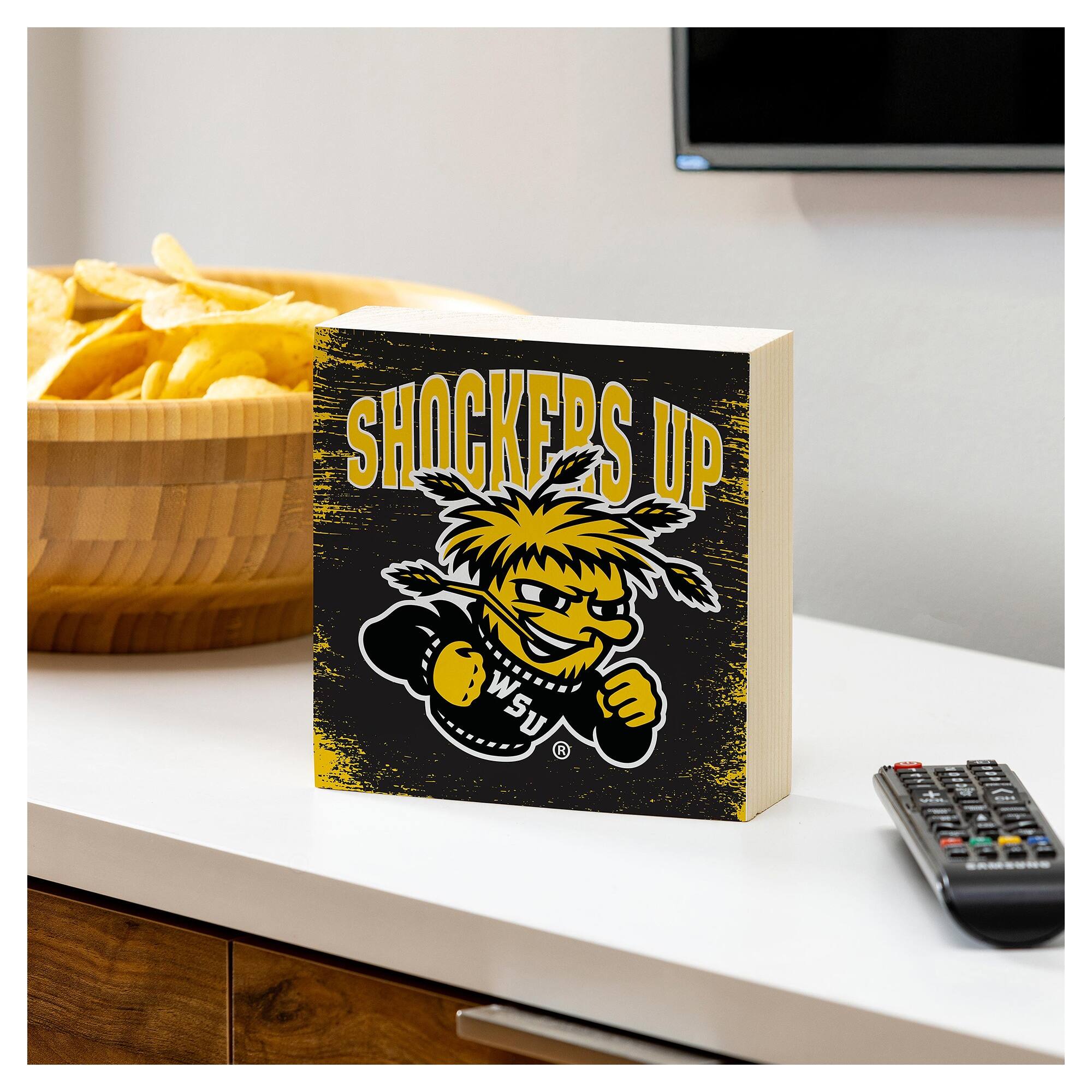 Alt View 2. Evergreen Enterprises - Wichita State Shockers 6" Square Fan Chant Wood Block Shelf Sign - Multicolor.