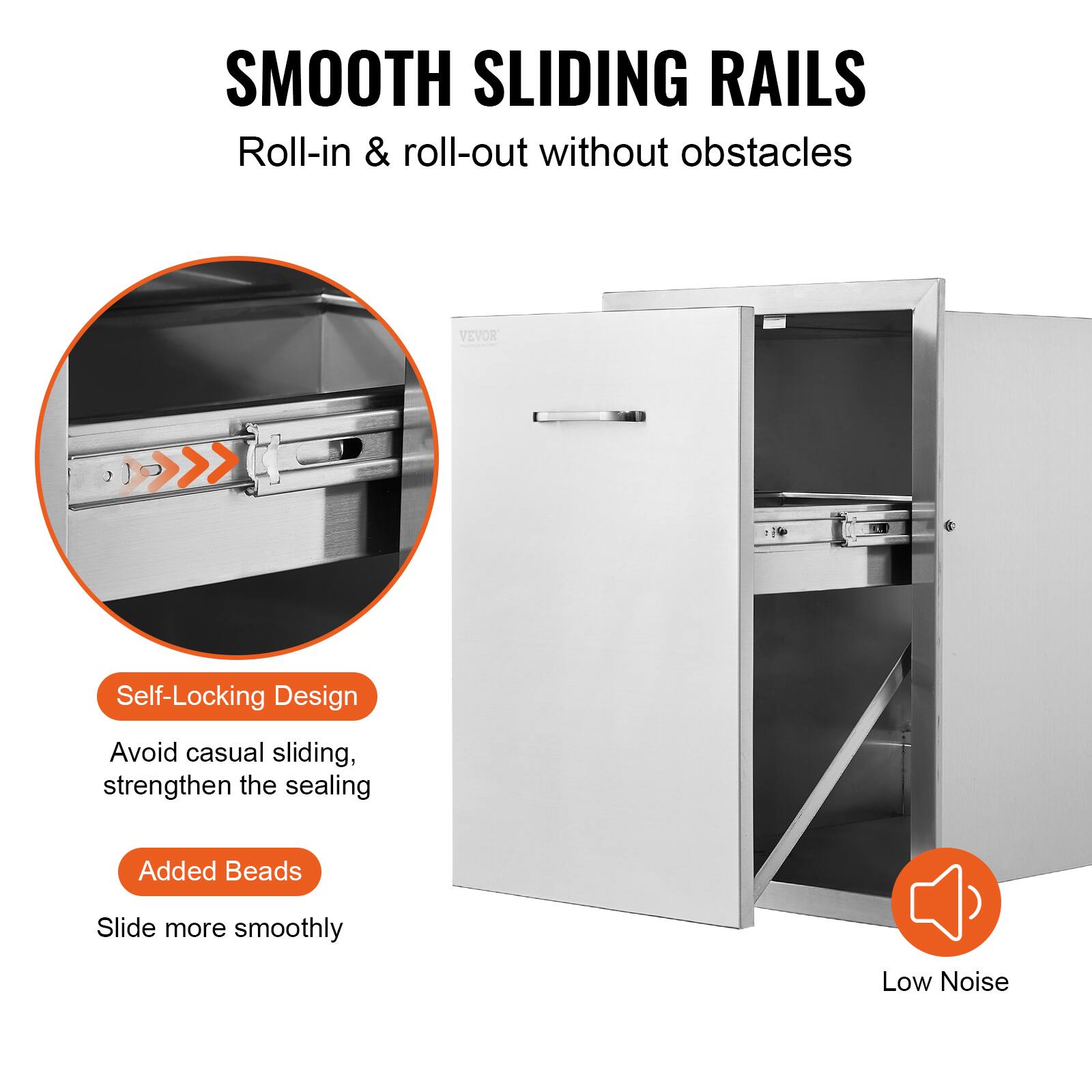 SMOOTH SLIDING RAILS  
Roll-in & roll-out without obstacles  

Self-Locking Design  
Avoid casual sliding, strengthen the sealing  

Added Beads  
Slide more smoothly  

Low Noise
