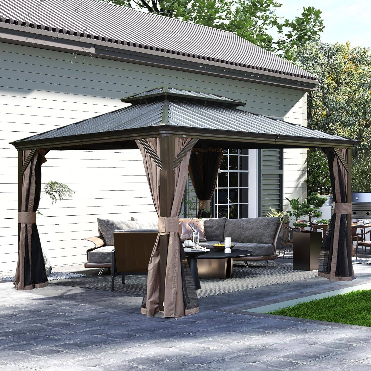 Angle. Mondawe - 10x13FT Outdoor Gazebo，Galvanized Steel Double Roof，Curtains and Netting Included - Dark Brown.