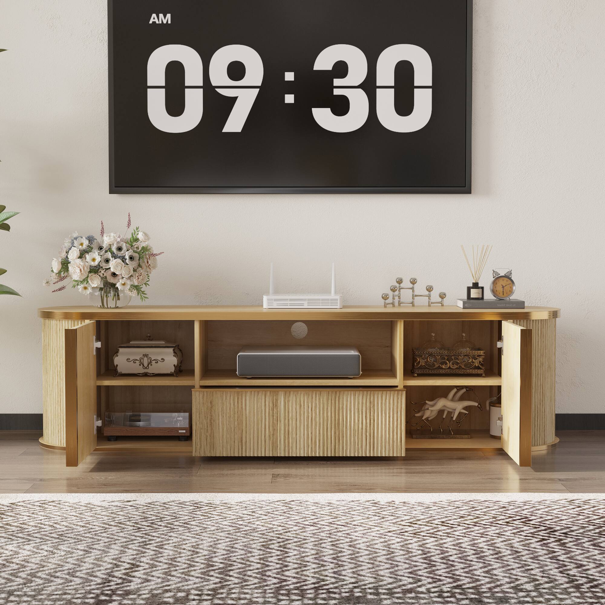 Back. Famapy - Minimalist TV Stand with Cable Management, Handle-Free Upto 70" TV Media Console with Storage Cabinets and Open Shelves - Wooden.