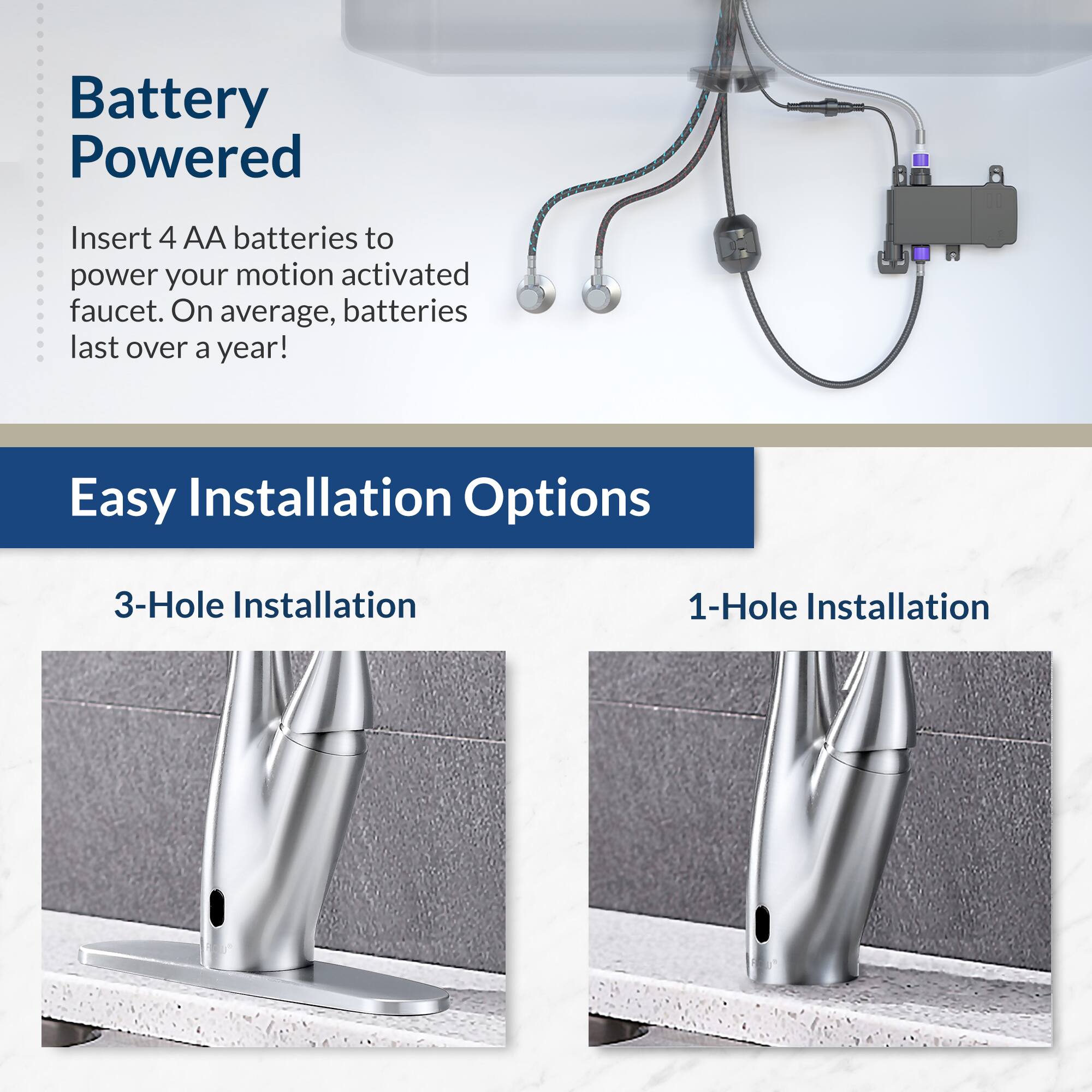 Battery Powered

Insert 4 AA batteries to power your motion activated faucet. On average, batteries last over a year!

Easy Installation Options

3-Hole Installation

1-Hole Installation