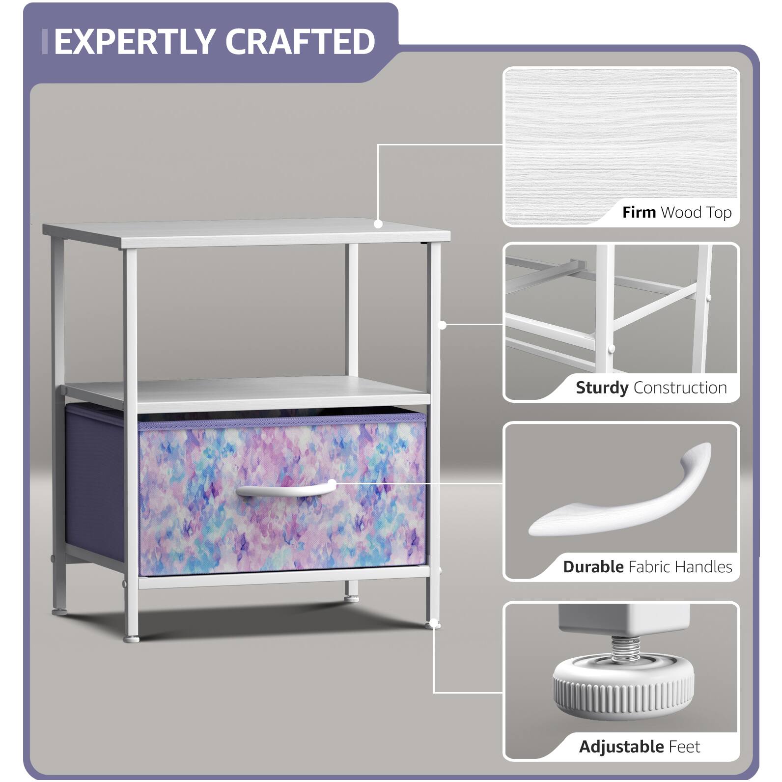 EXPERTLY CRAFTED

- Firm Wood Top
- Sturdy Construction
- Durable Fabric Handles
- Adjustable Feet