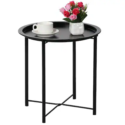 Front. Vecelo - Set of 2 Foldable Metal Side Table with Removable Tray, Round Indoor Outdoor End Table for Living Room or Patio - 1PCS Black.