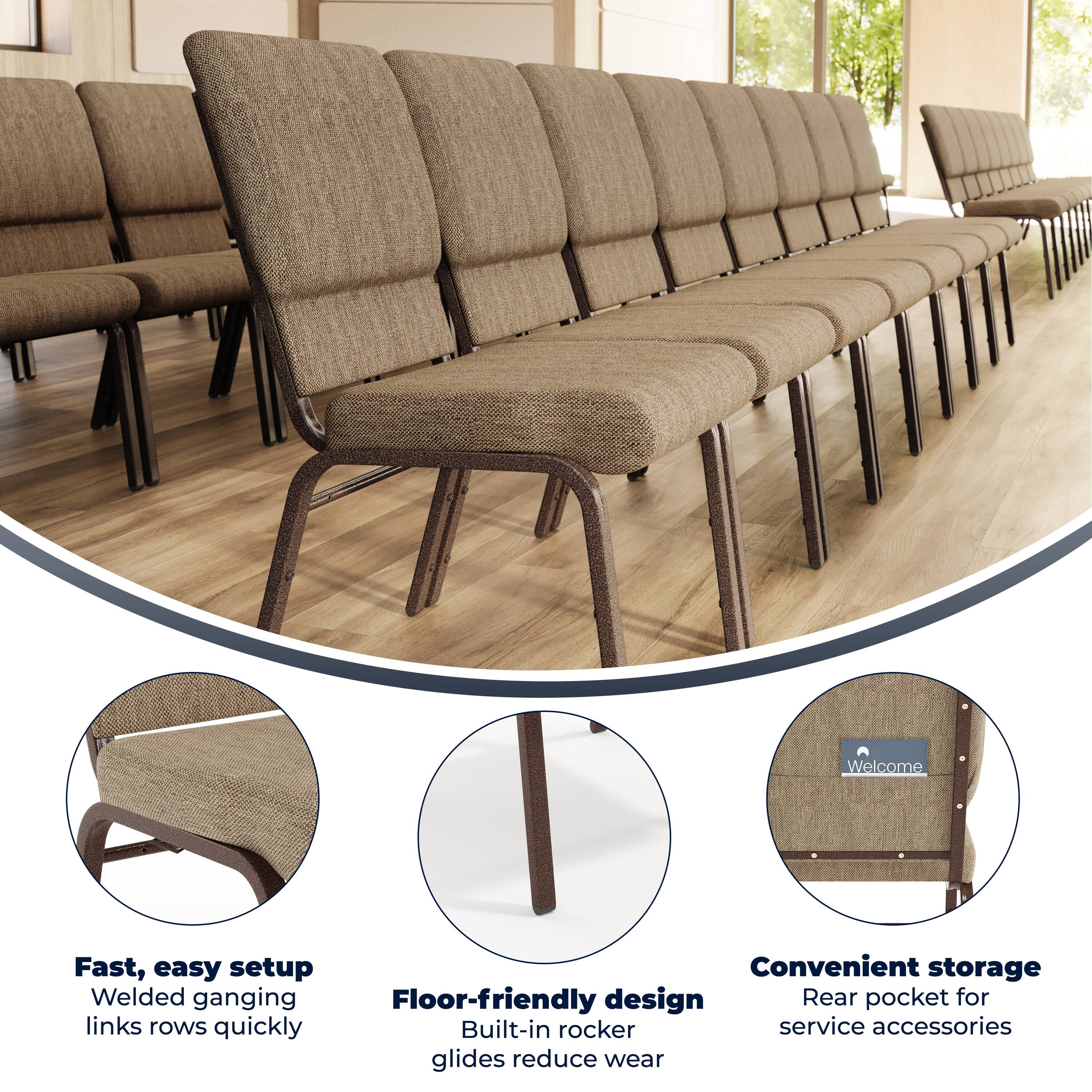 Welcome

Fast, easy setup  
Welded ganging links rows quickly

Convenient storage  
Rear pocket for service accessories

Floor-friendly design  
Built-in rocker glides reduce wear