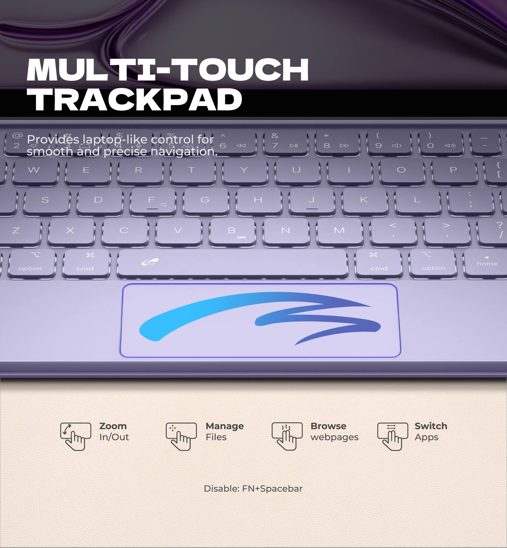 MULTI-TOUCH TRACKPAD

Provides laptop-like control for smooth and precise navigation.

- Zoom In/Out
- Manage Files
- Browse webpages
- Switch Apps

Disable: FN+Spacebar