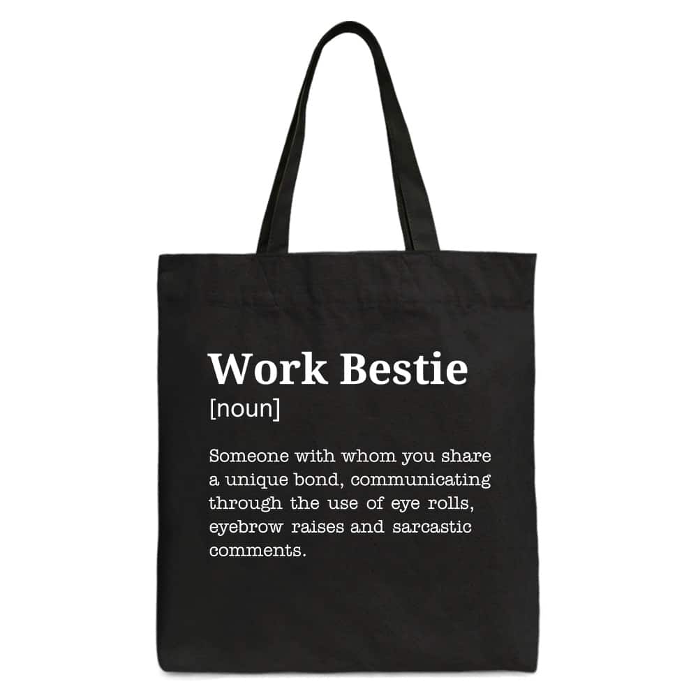 OrnamentallyYou - Work Bestie Definition Canvas Tote Bag, Funny Gift Shopper for Office Best Friends - Black