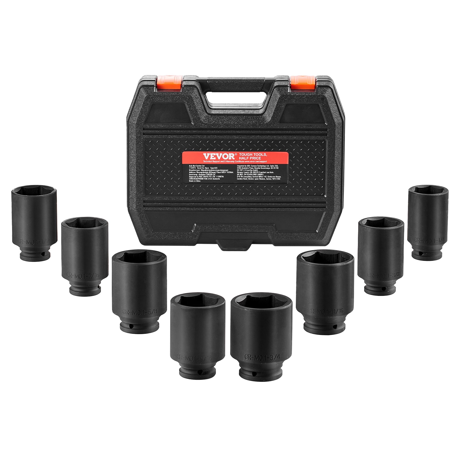 VEVOR - Axle Nut Impact Socket Set,1/2"Drive Deep 6-Point 8-Piece SAE Spindle Nut Socket Set,CR-MO Heat Treated Large Socket Set - Black