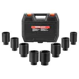 VEVOR - Axle Nut Impact Socket Set,1/2"Drive Deep 6-Point 8-Piece SAE Spindle Nut Socket Set,CR-MO Heat Treated Large Socket Set - Black