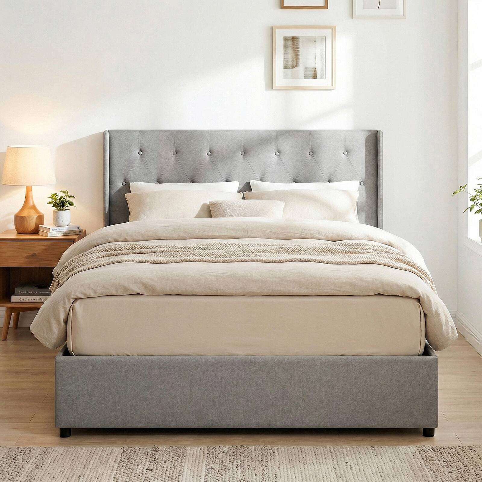 Alt View 4. Gymax - Gymax Queen Size Lift-up Storage Bed w/Tufted Wingback Headboard Hydraulic Lifts Grey - Gray.