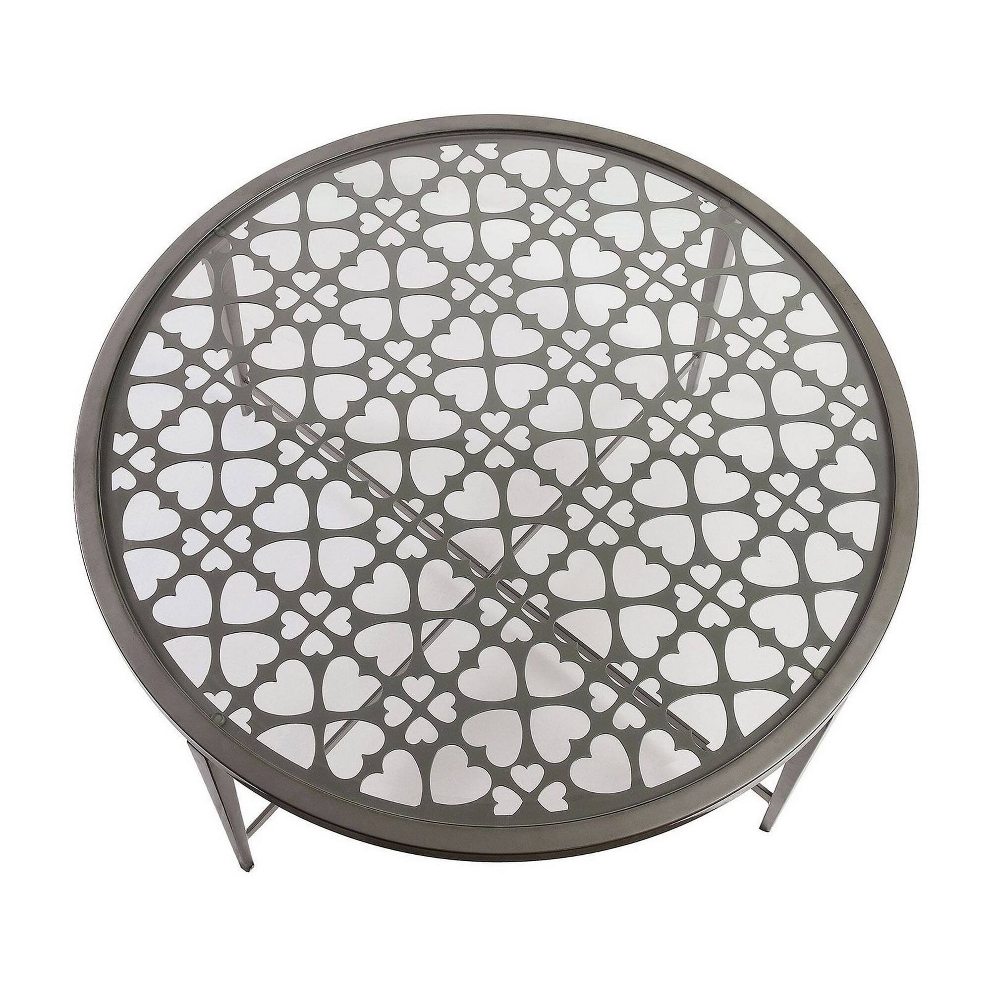 Alt View 2. Manhattan Lane - Round Glass Top Coffee Table with X Support Metal Base - Silver.