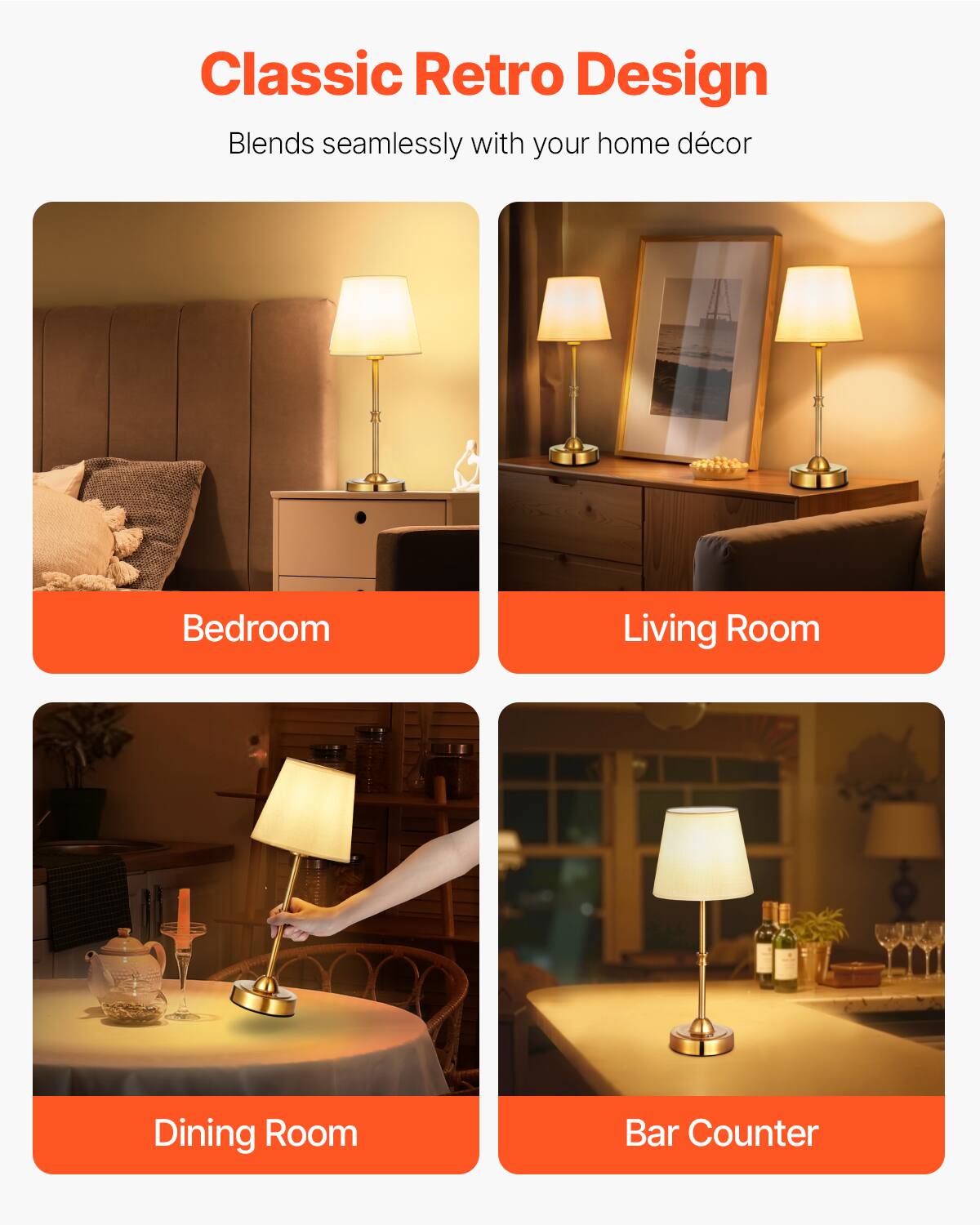 Classic Retro Design  
Blends seamlessly with your home décor  

Bedroom  
Living Room  
Dining Room  
Bar Counter