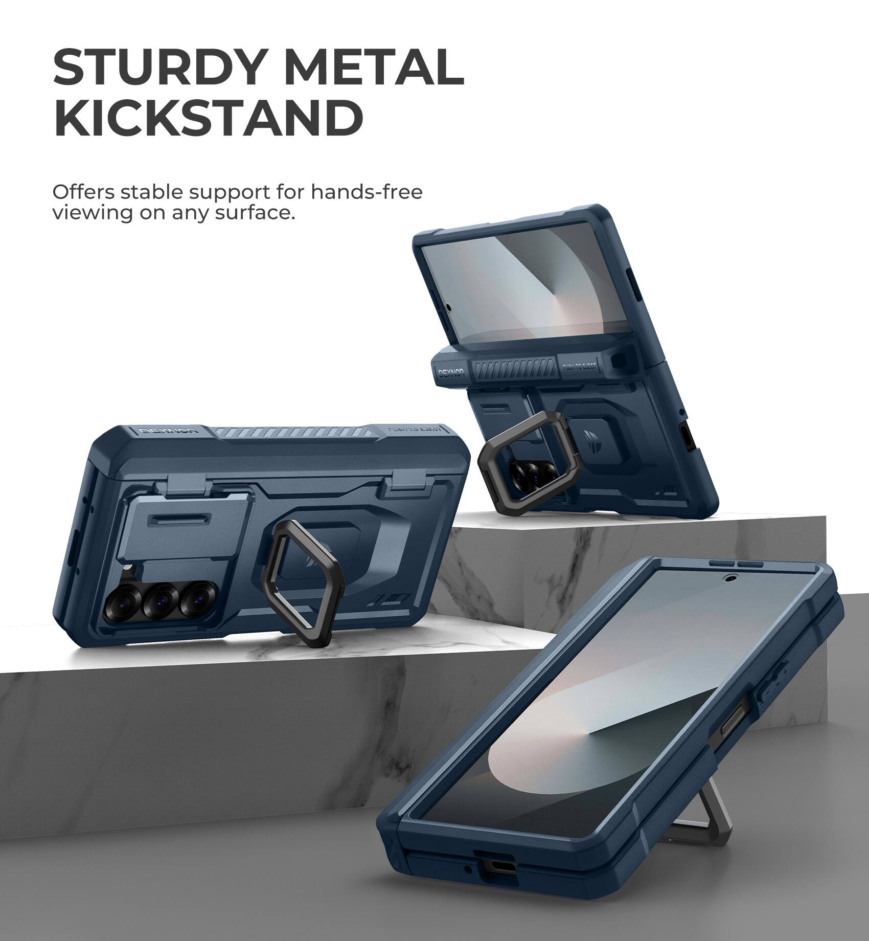 STURDY METAL KICKSTAND
Offers stable support for hands-free viewing on any surface.