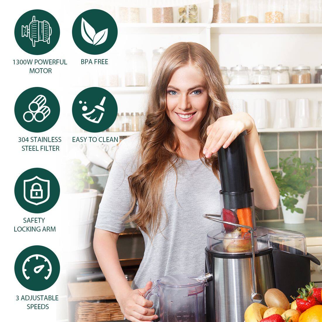 1. 1300W POWERFUL MOTOR
2. BPA FREE
3. 304 STAINLESS STEEL FILTER
4. EASY TO CLEAN
5. SAFETY LOCKING ARM
6. 3 ADJUSTABLE SPEEDS