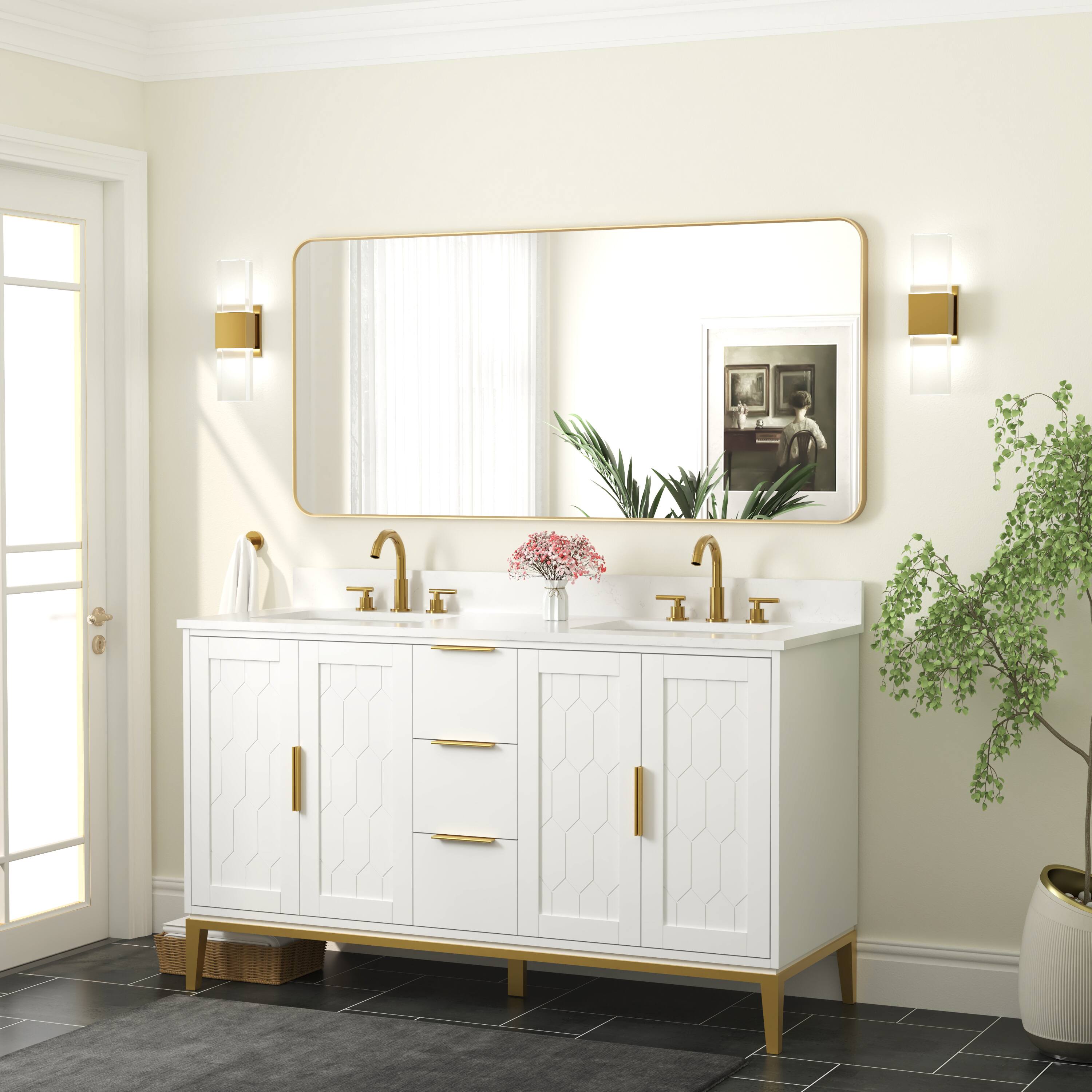 Angle. WELLFOR - 60 in. W. x 28 in. H Rectangular Aluminum Framed Wall-Mounted Bathroom Vanity Mirror - Brushed Gold.