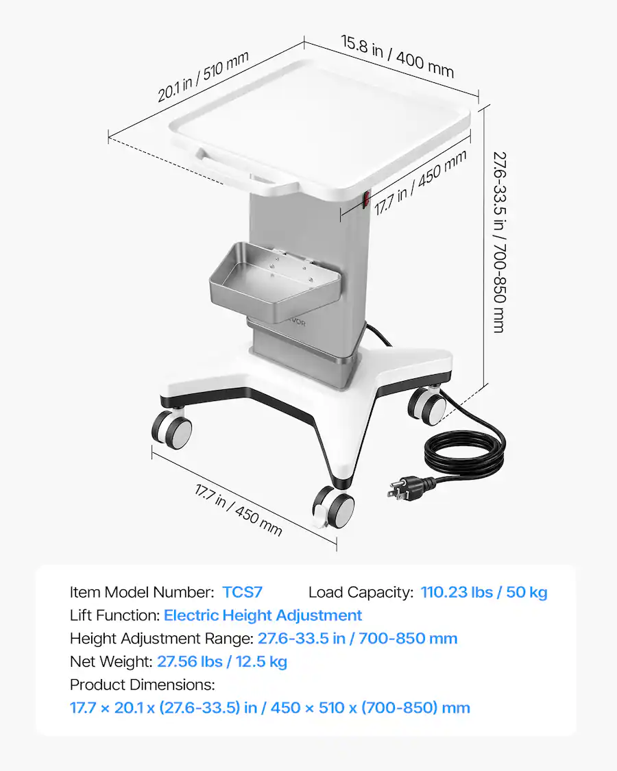 Static Electrical Load VEVOR Medical Cart 110.23 lbs Max Load Electric Lift Medical Trolley ...