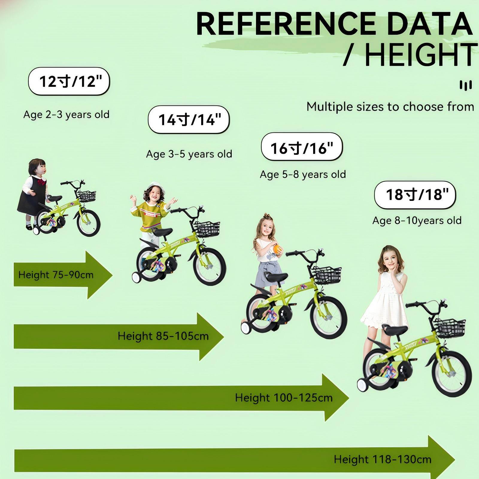 **REFERENCE DATA / HEIGHT**

Multiple sizes to choose from

- **12寸/12"**
  - Age 2-3 years old
  - Height 75-90cm

- **14寸/14"**
  - Age 3-5 years old
  - Height 85-105cm

- **16寸/16"**
  - Age 5-8 years old
  - Height 100-125cm

- **18寸/18"**
  - Age 8-10 years old
  - Height 118-130cm