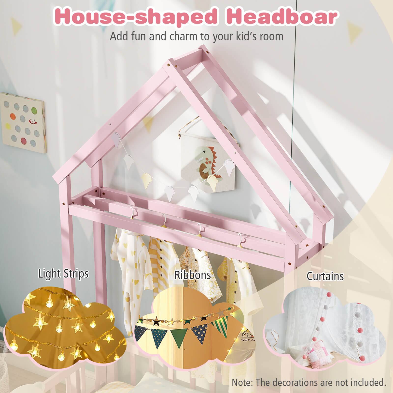 House-shaped Headboard Add fun and charm to your kid's room Light Strips Ribbons Curtains