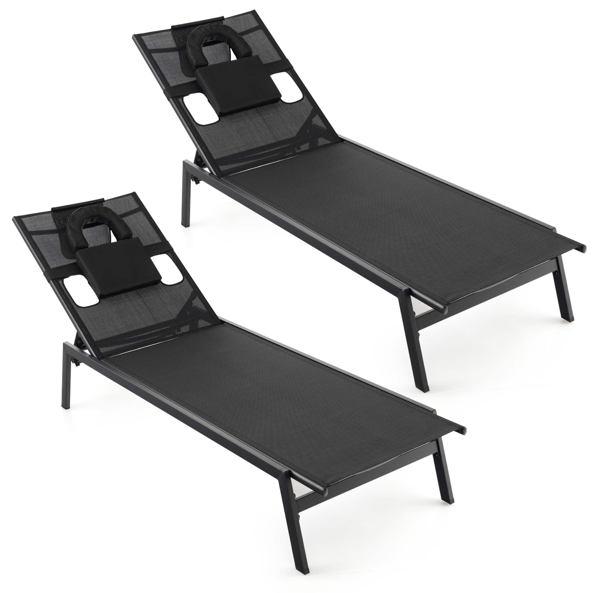 Costway - 2 PCS Patio Tanning Lounge Chair 5-Position Outdoor Recliner with Face Hole - Black