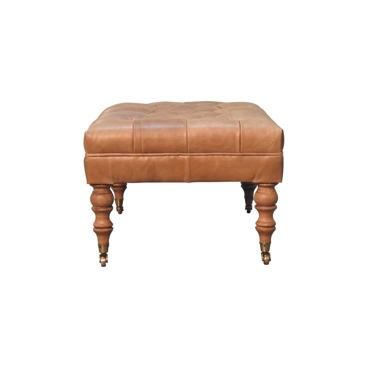 Alt View 5. Artisan Furniture - Artisan Furniture Solid Wood Buffalo Tan Leather Ottoman with Castor Legs, Upholstered, Brown - Brown.