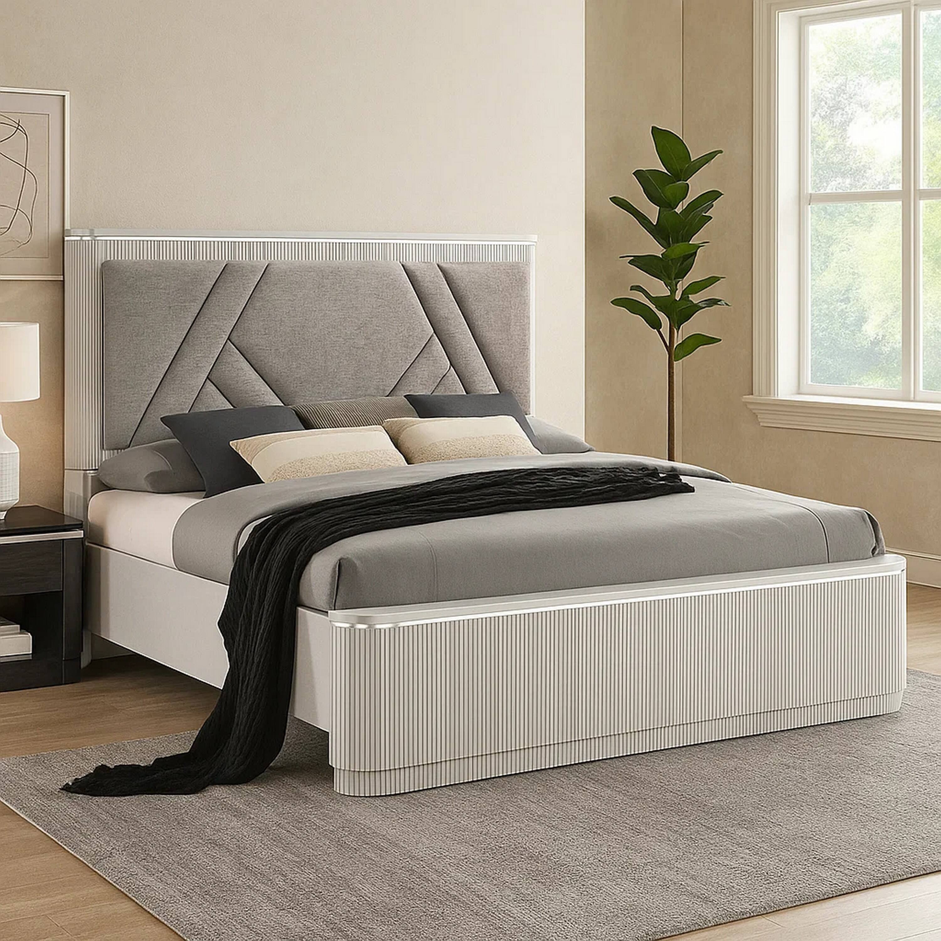 Alt View 6. Manhattan Lane - Alda Queen Bed, Upholstered Geometric Headboard, Light Gray Reeded Wood - Light Gray, Silver.
