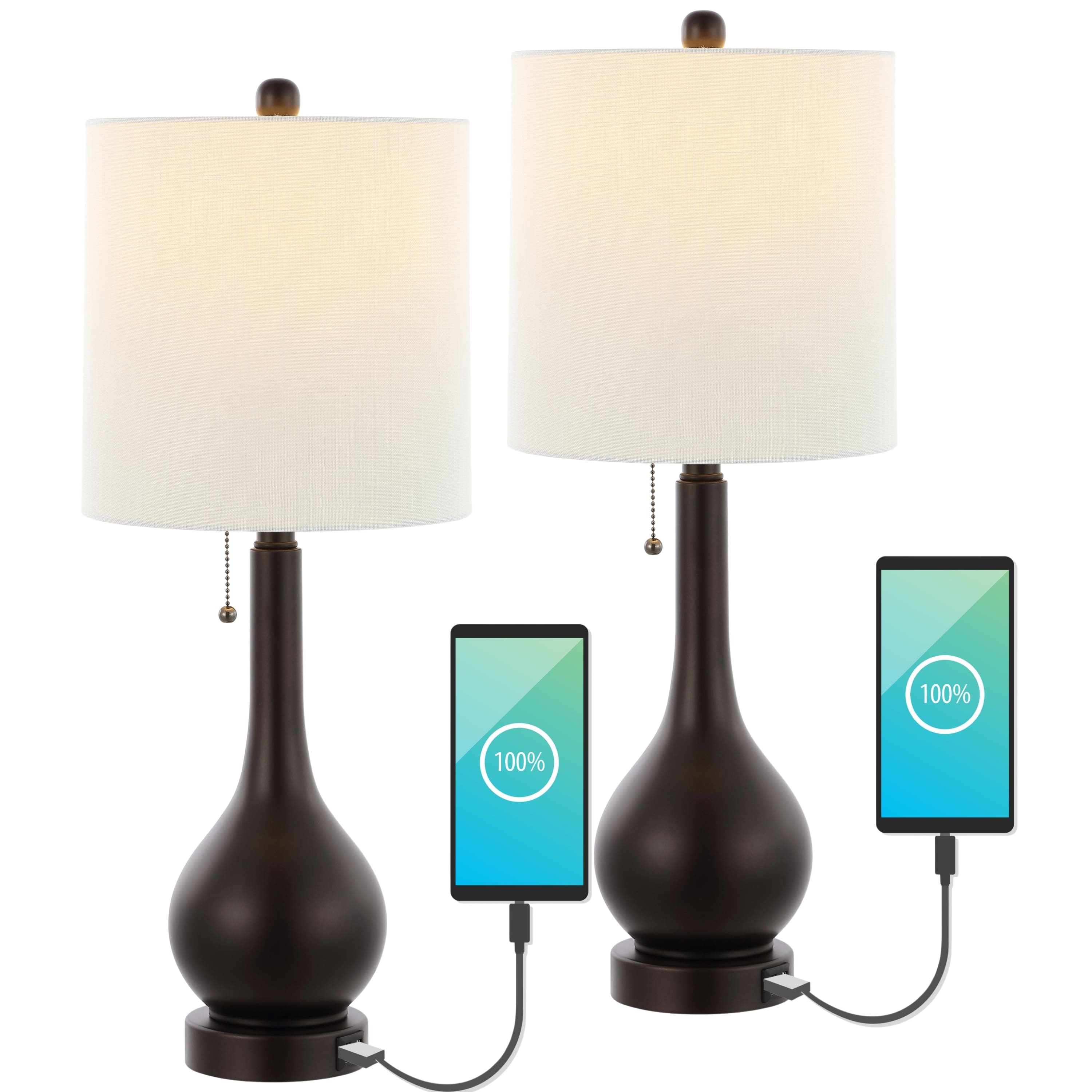 Photos - Desk Lamp Jonathan Y - Tyler 24" Modern Gourd Iron LED Table Lamp with Pull-Chain with Dual USB Charging Port, Oil Rubbed Bronze (Set