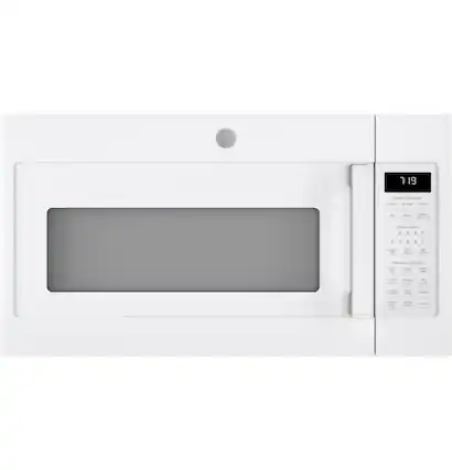 The image shows a white microwave with the time 19 displayed on the screen. The microwave has a digital clock and a timer that can be used for cooking purposes. It is a modern appliance with various features, including a defrost button and a cook button. The microwave is designed to be user-friendly and efficient for cooking various dishes.