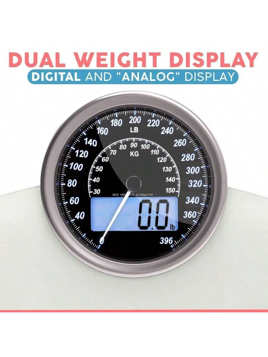 DUAL WEIGHT DISPLAY  
DIGITAL AND "ANALOG" DISPLAY  

180 200 220 160 LB 240 140 80 90 100 260 120 70 KG 110 60 120 280 100 50 130 300 40 140 80 320 30 150 MAX 180  
de d=100g/0.21b  
60 340 40 00 lb 360 396
