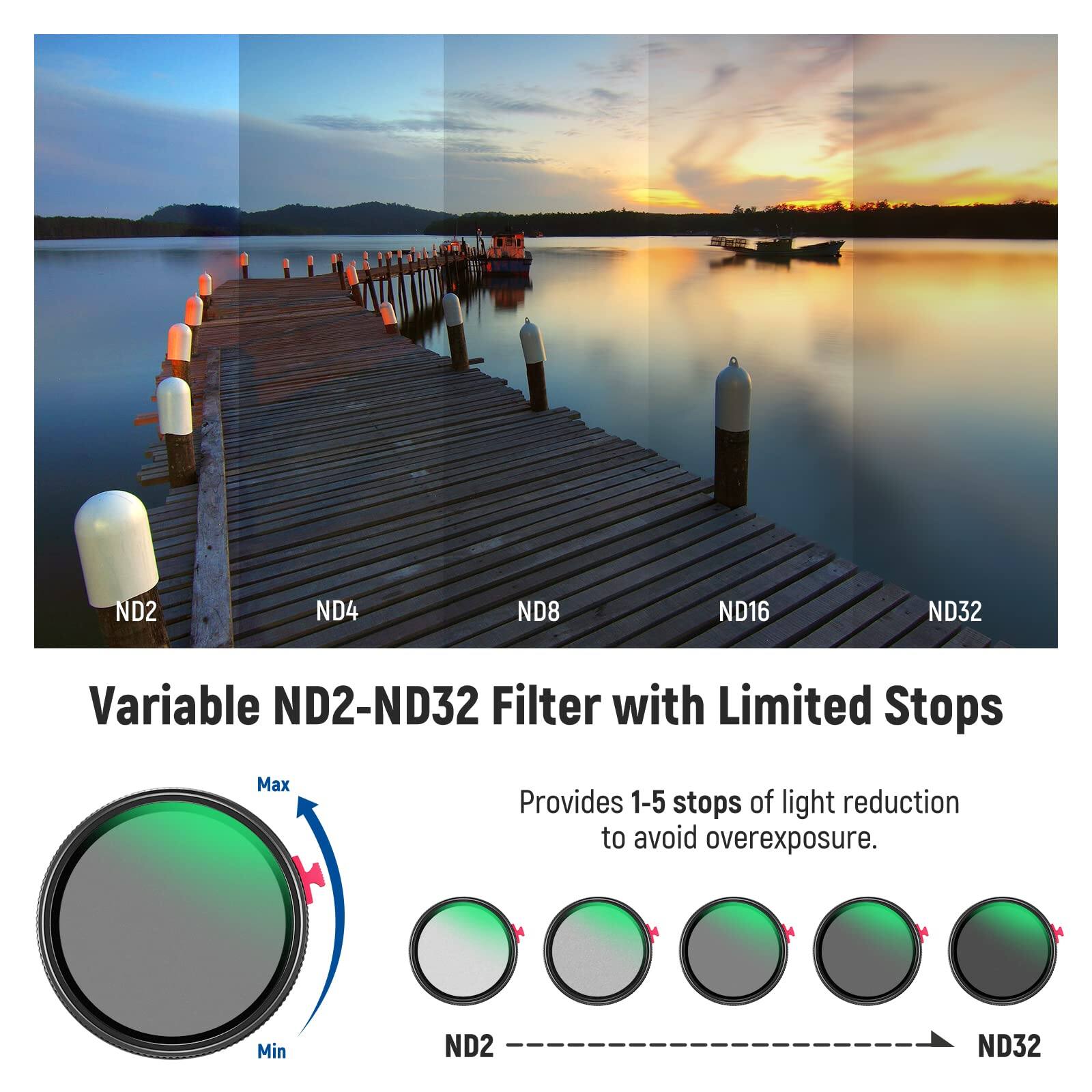 Variable ND2-ND32 Filter with Limited Stops

Provides 1-5 stops of light reduction to avoid overexposure.