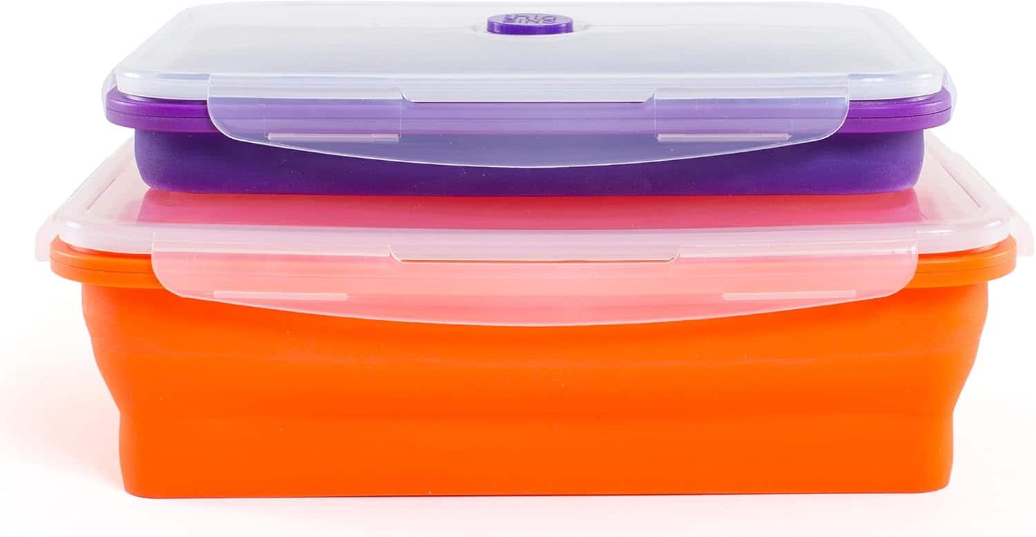 Kitchen + Home - Thin Bins Collapsible Containers - Set of 2 XL Silicone Food Storage Containers - purple, orange