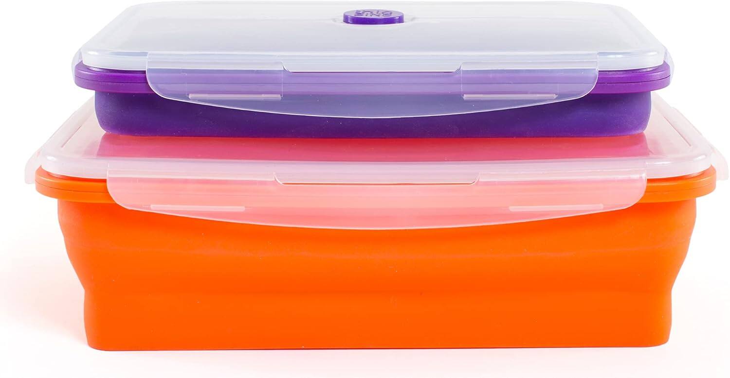 Kitchen + Home - Thin Bins Collapsible Containers - Set of 2 XL Silicone Food Storage Containers - purple, orange