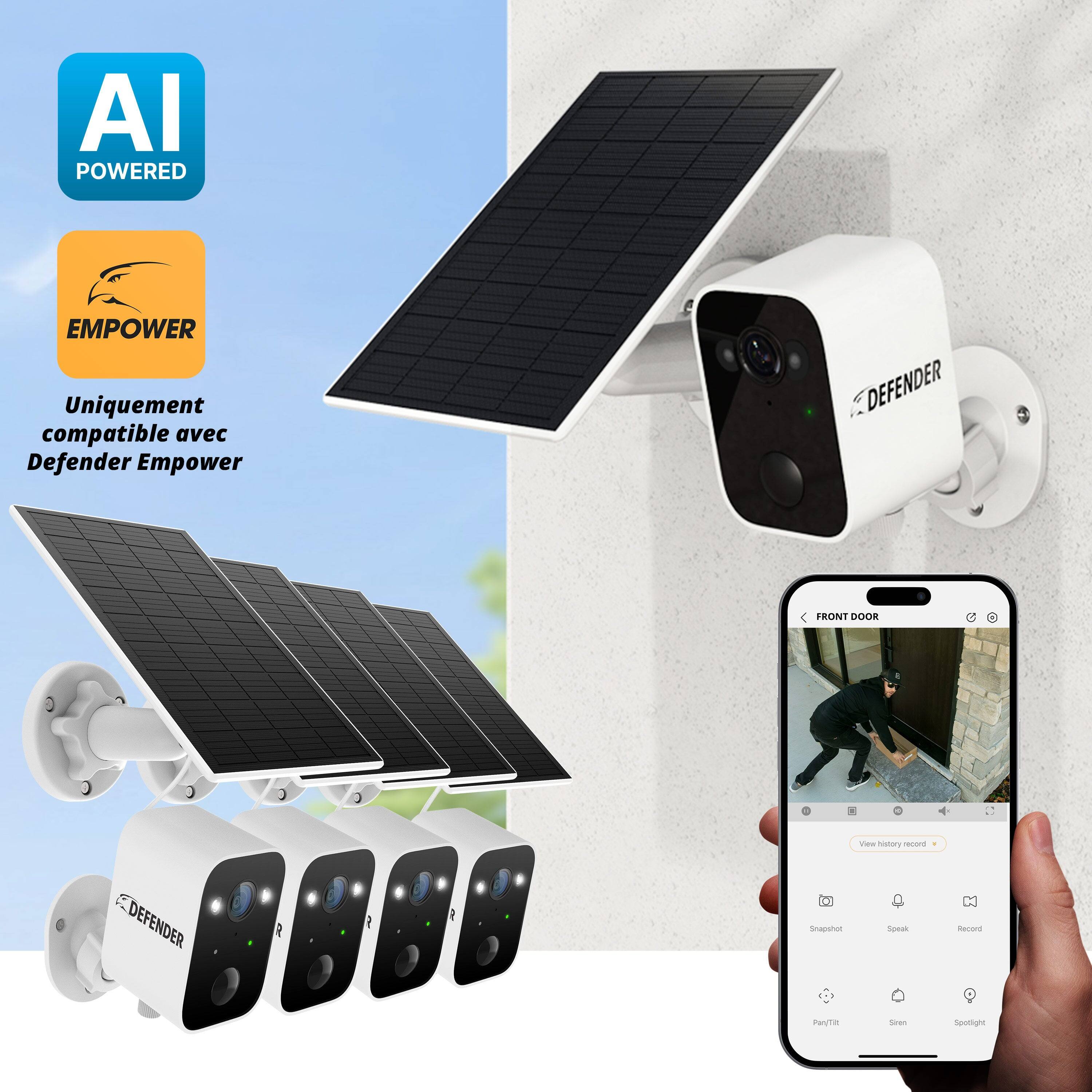 AI POWERED  
EMPOWER  
Uniquement compatible avec Defender Empower  

DEFENDER FRONT DOOR  
X  
View history record  
Snapshot  
Speak  
Record  
Play/Talk  
Siren  
Spotlight