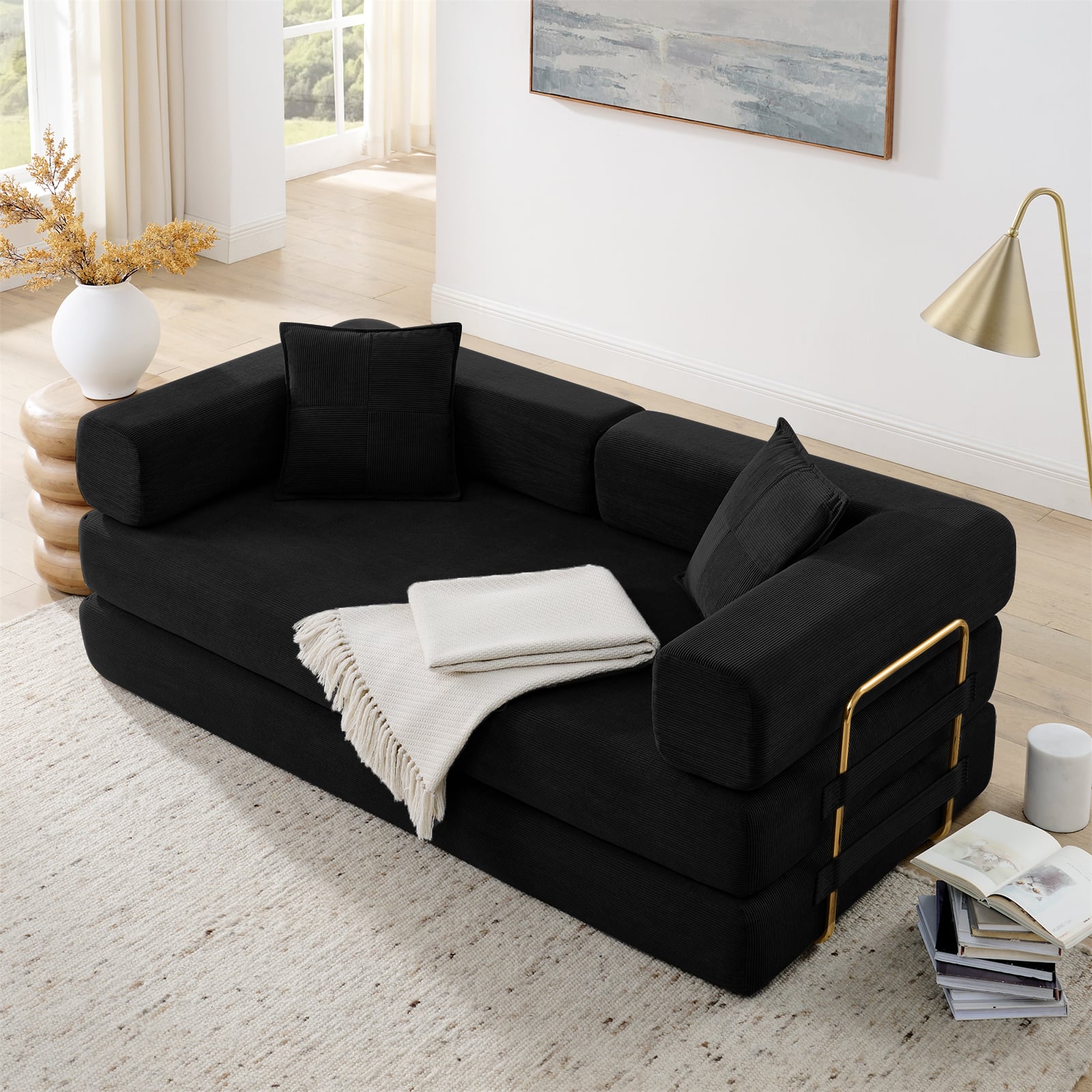 Trinkets Crazed - 4-In-1 Free Combination Loveseat Convertible Sleeper Sofa Bed Floding Futon Couch Corduroy Modular Sofa Couch - Black