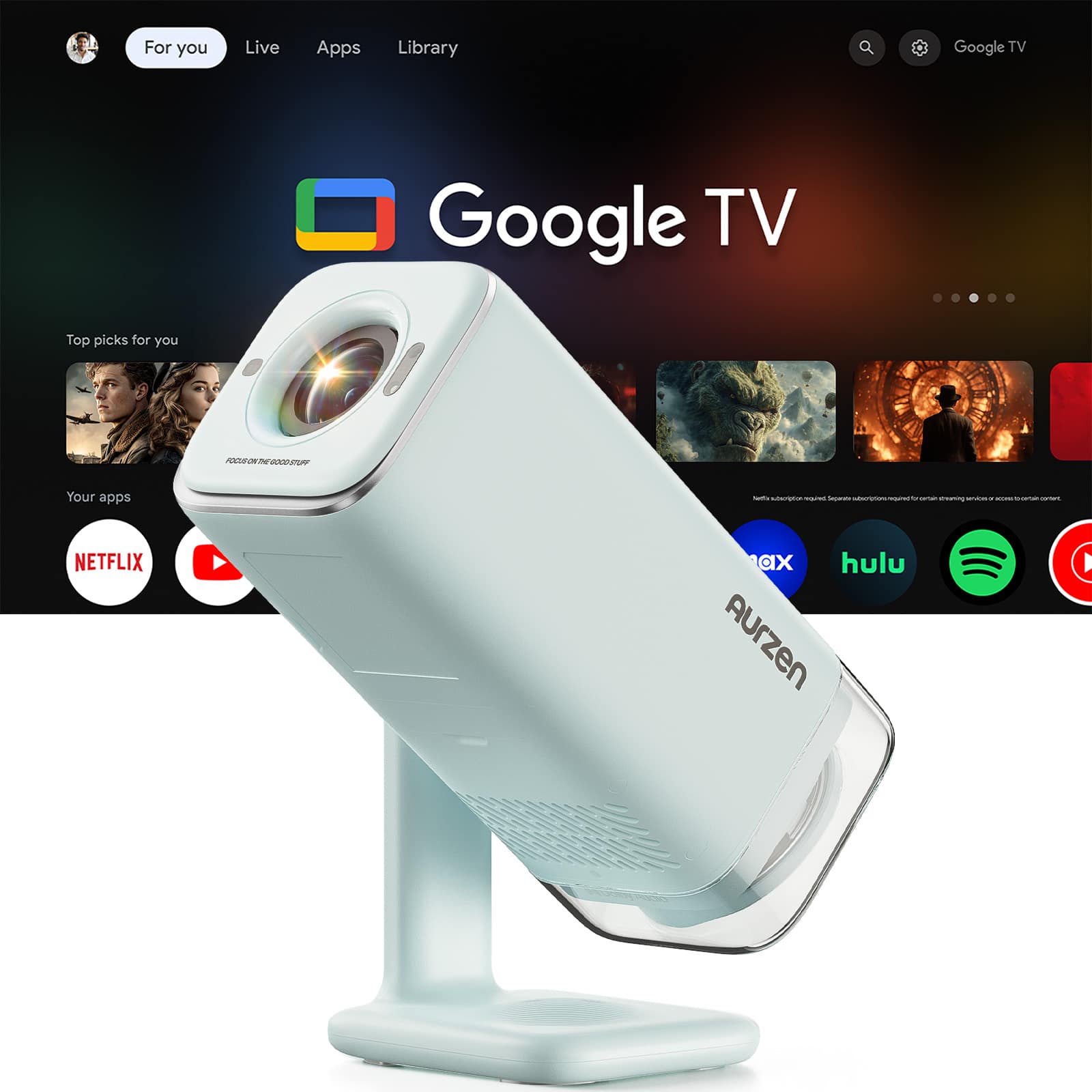 Aurzen - Portable Projector, Built-in Google TV, USB-C Powered, Flexible Stand, TOF Auto Focus, 300 ANSI Lumens - Green