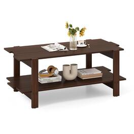 Pefilos - 2-Tier Coffee Table, Slatted Wood Tabletop, Open Storage Shelf, Crossbar Reinforced Frame, Walnut - Brown