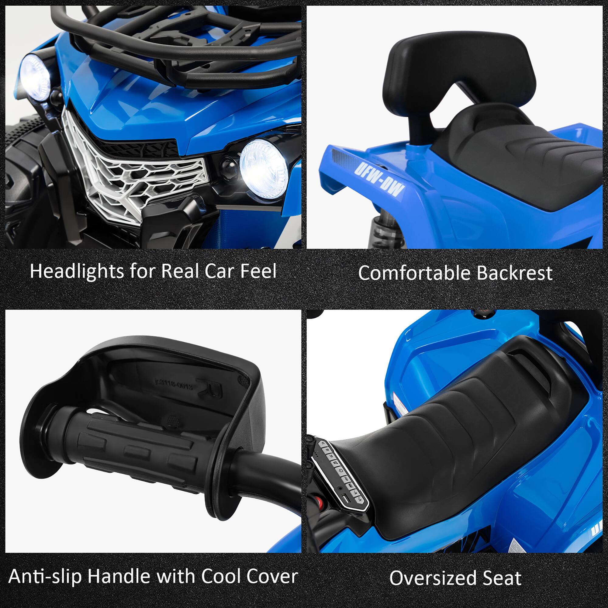 - Headlights for Real Car Feel
- Comfortable Backrest
- Anti-slip Handle with Cool Cover
- Oversized Seat